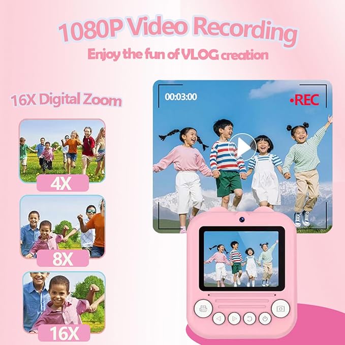 Dual-Lens Instant Print Camera for Kids, 48MP Thermal Instant Printing Camera with 2.4 Inch IPS Screen for Toddler, Boys Girls Christmas Birthday Gifts Photo Printer with 64GB SD Card (Pink)