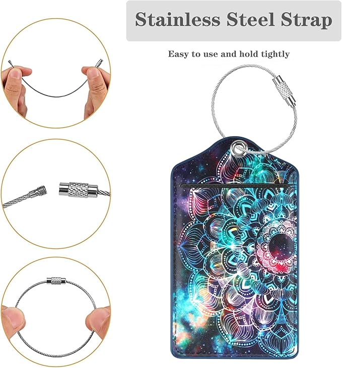 (Set of 2) Luggage Tag Leather Privacy Cover ID Label Address Card with Stainless Steel Loop, Travel Bag Tags Suitcase Labels, Mandala
