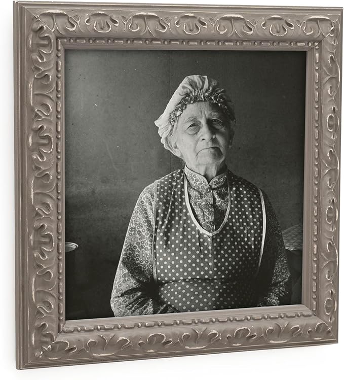 8x8 inch Distressed Wood Embossed Scroll Motif Vintage Antique Rustic Picture Frame, White Mat for 5x5 in Photo, Art Print Drawing, Wall Hanging or Desktop Display- Grey