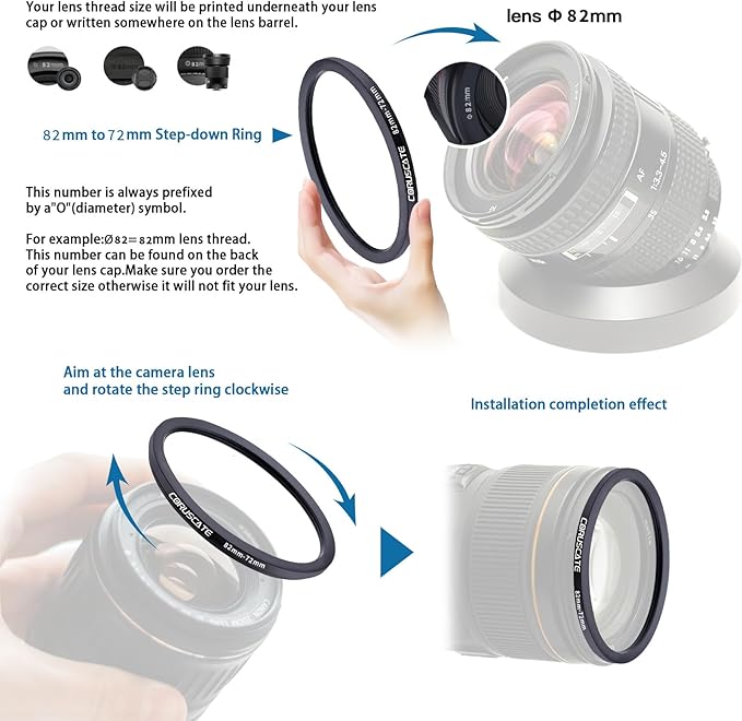 82mm to 72mm Camera Filter Adapter Ring,82mm-72mm Lens Adapter Metal Filter Rings Compatible All 82mm Size Lens and 72mm Thread Size Camera Accessory+1pcs Lens Cleaning Cloth. ﻿