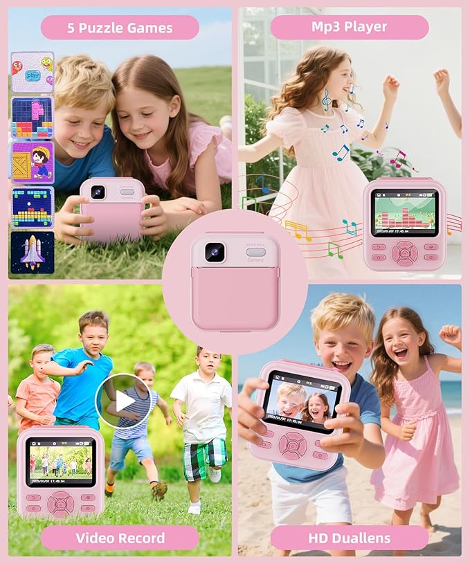 Kids Camera Instant Print for Boys and Girls, 48MP HD Cameras w/1080P Video, Print Paper, 32GB Card, Brush, Christmas Birthday Gifts Toys for Toddler and Teenagers Age 3-16 Years Old (Pink)