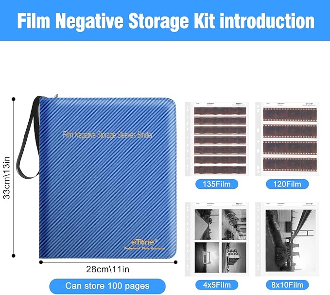 eTone Film Negative Storage Box, PU Leather 3-Ring Binder Album, Gold Foil, 13.18x7.08x1.96 Inch, Velvet Lined for 35mm 120 4x5 8x10 Negatives (Blue)