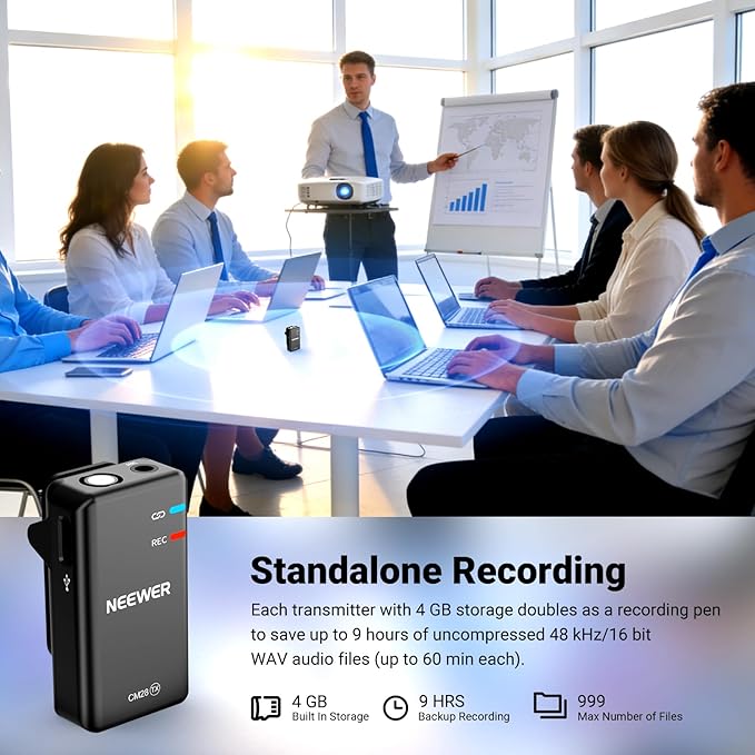 NEEWER CM28 (1 RX + 2 TX + Charging Case), Wireless Lavalier Microphone, Smart Noise Cancelling, 48KHz/16Bit 9 Hrs Uncompressed Recording, 656ft/200m Range, Lav Mic for iPhone, Android, Camera