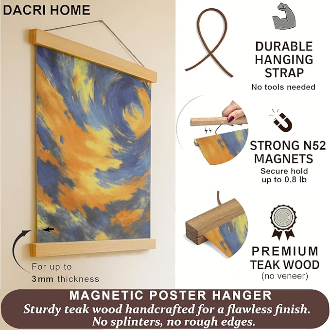 DACRI HOME Magnetic Poster Hanger Frame, Sturdy Magnetic Poster Frame with Teak Wood, Strong Magnets for Hanging Prints, Pictures, Scroll Wall Art,16x20 16x22 16x24 (16 Inch, Teak)