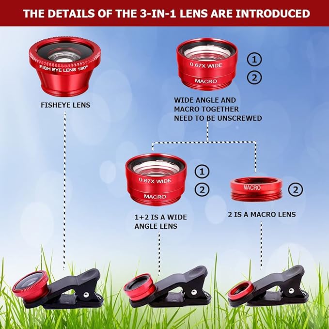 3 in 1 Phone Camera Lens Kit Camera Lens with Clip Fisheye Lens Wide Angle Lens and Macro Lens for Smartphones iPhone, Andorid (Red)