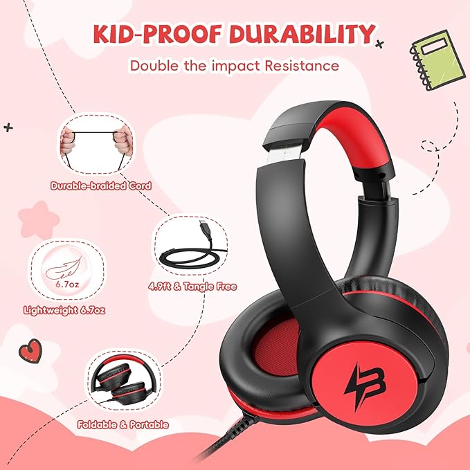 Kids Headphones Wired with USB C Plug, 85/94 dB Volume Limit, USB Type C Headphones for Kids Boys Girls, Foldable Stereo Sound Over Ear Wired Headphones for School/Tablet/Travel, Black Red