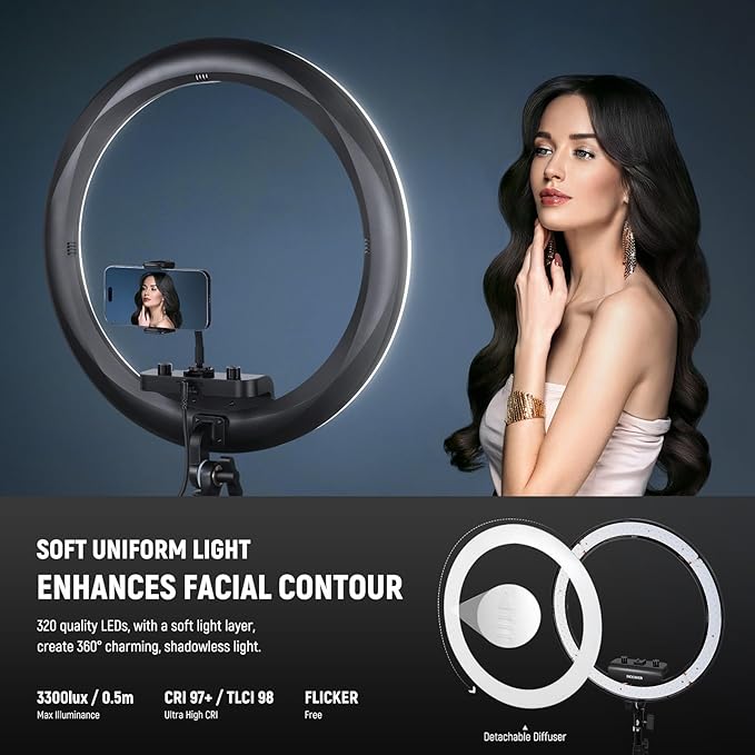 NEEWER RP18B Pro Ring Light 18" with Tripod Stand and Phone Holder Compatible with iPhone, 45W 2900K-7000K App Control Cleaning Cloth, Selfie Video Recording Makeup Studio Streaming Lighting, Black