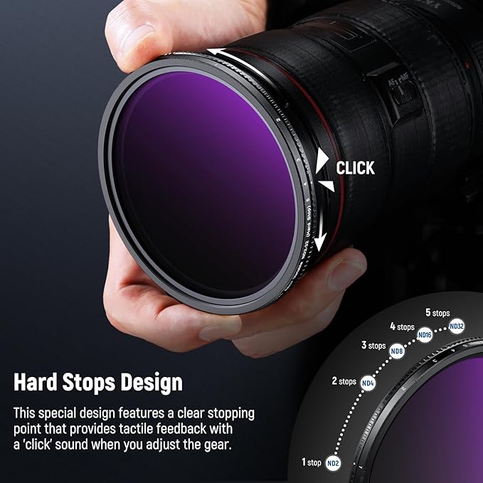 NEEWER 62mm True Colors Hard Stop Variable ND Filter ND2-32 (1-5 Stops) Limited Neutral Density Filter, Multi Coated HD Optical Glass/No X Cross/Aluminum Frame/Water/Scratch/Fingerprint Resistant