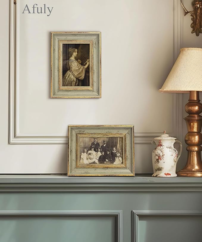 Afuly 4x6 Picture Frame Antique Vintage Gold Sage Green Single Photo Frame for Desk Wall Gallery Artworks Portrait Landscape Unique Birthday Gifts for Grandma Mom Women