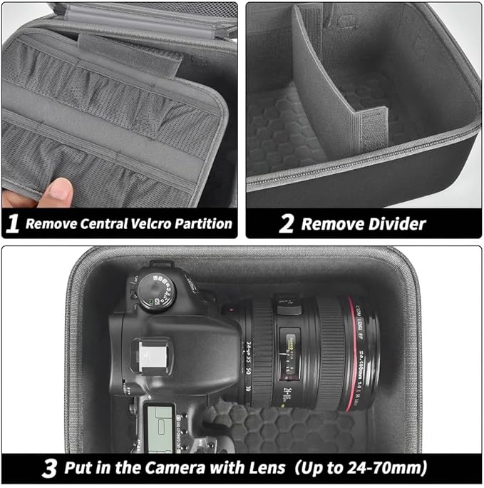 Comecase Hard Camera Case for Canon EOS Rebel T7 R50 R100 R10 R5 R6 R8 Mark II, DSLR Mirrorless Camera Bag with 6 Slots &Adjustable Divider for Lens and Accessories, Travel Storage, Grey
