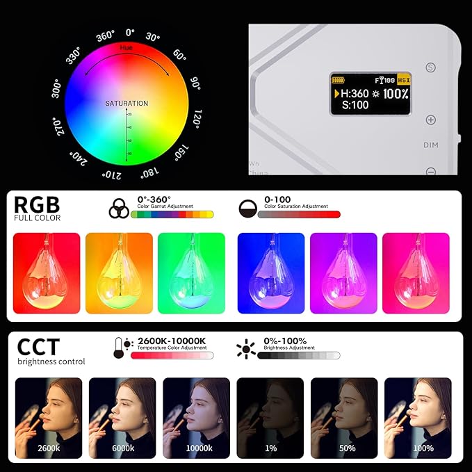 NA225 RGB Video Light,10W Portable Selfie LED Camera Light with 2500-9900K, 4000mAh Rechargeable Battery, CRI 96+, App Control for Studio Photography Vlogging Streaming Phone and Video (White)