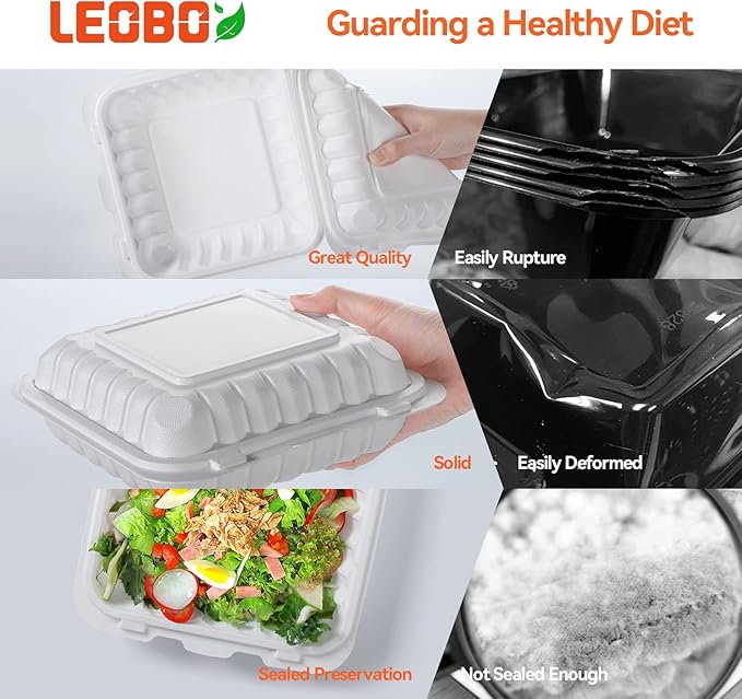 LEOBOX Takeout Container Mineral Filled PP Plastic - 8 Inch 34oz 55 Pack | Shrink Wrap BPA Free To Go Boxes | Reusable Dishwasher Microwave Freezer Safe for Food Delivery | White Disposable Containers