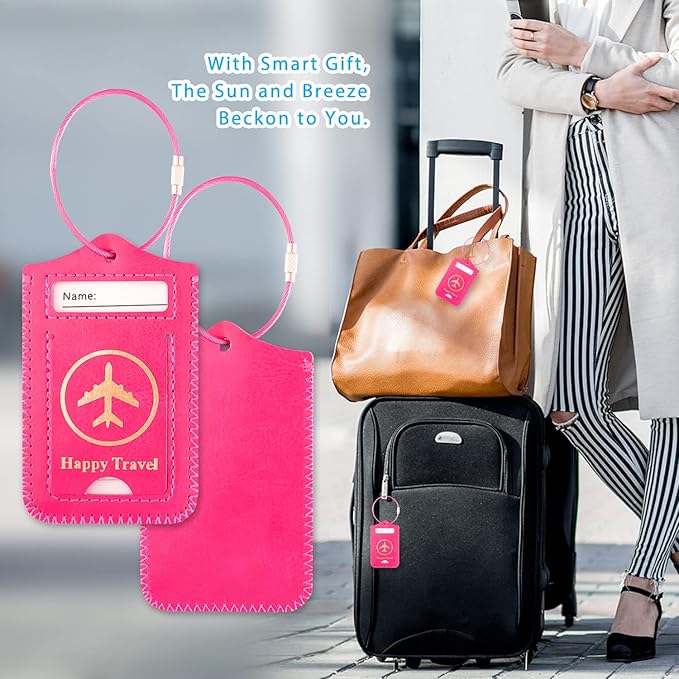Luggage Tags, ACdream Leather Case Luggage Bag Tags Travel Tags 2 Pieces Set, Pink