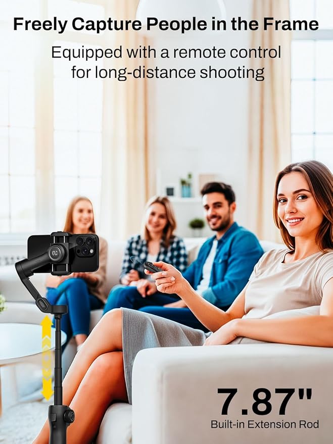 AOCHUAN Gimbal Stabilizer for iPhone w/Bluetooth Remote, 3-axis Phone Stabilizer w/7.8” Extension Rod, AI Face Tracking Smartphone Gimbal, EVA Protective Storage Bag w/Hand Strap, V8 KIT BK& B30