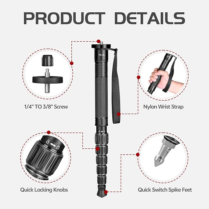 TONYBOO 61” Monopod for Camera,Φ28mm 6-Section Aluminum Camera Monopod Stand, with Wrist Strap, Rubber Grip, Twist Locks, Compatible with Photography DSLR Camera Mirrorless, Max Load 40 lbs - TA-5L