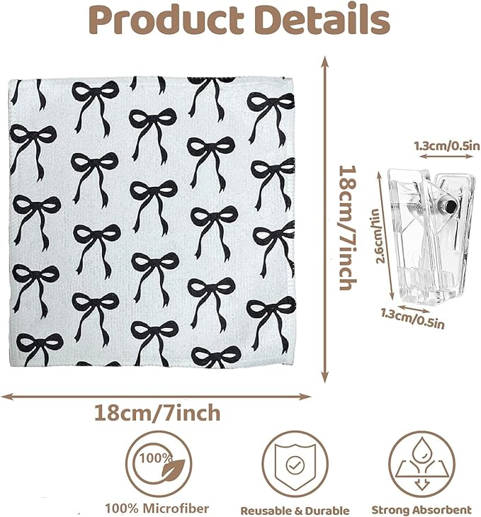 8-Pack Ultra-Fine Microfiber Kitchen Towels, 7-Inch Square with 8 Clips & Multiple Patterns – Soft, Absorbent, Reusable Cleaning Cloths (Bows)