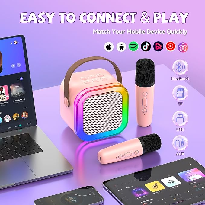 Mini Karaoke Machine for Kids Girls Boys - Birthday Gifts for Ages 4 5 6 7 8+ Year Old - 2026 New est - Portable Bluetooth Speaker with 2 Wireless Microphone - Kids' Instrument Accessories - Pink