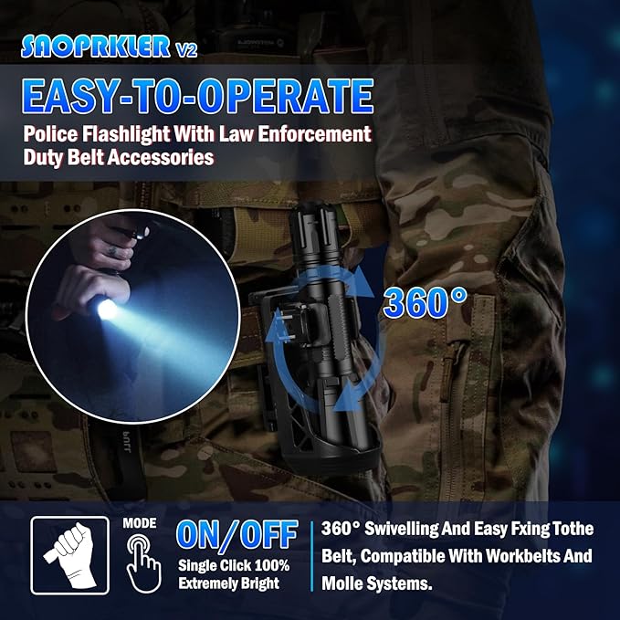 V2 Police Tactical Flashlight-2350 High Lumen Duty Belt Flashlight for Law Enforcement,Flashlight with Holster(750 Yards/2H) Military Grade Super Bright Flashlights