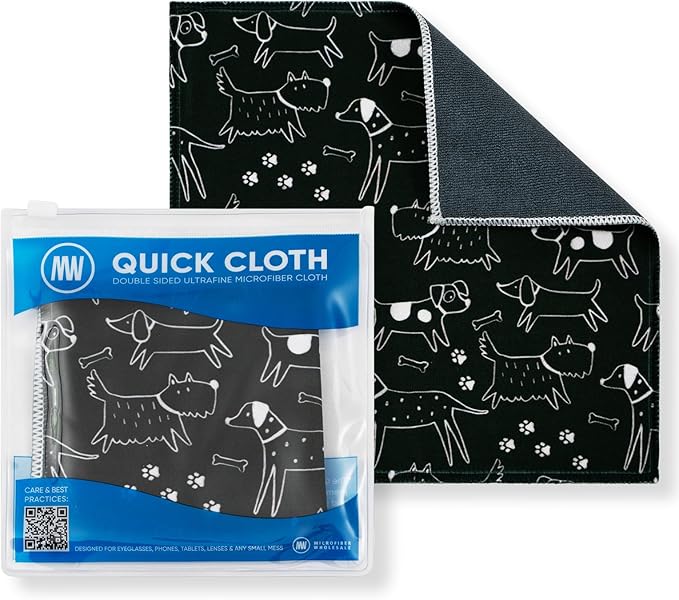 Quick Cloth Microfiber Glasses Cleaning Cloths – 8x8, Dogs, 1 Pack with Case | Double-Sided Lens Cleaner for Eyeglasses, Camera, Screens & Glass | Reusable Microfiber Glass Polishing Cloths