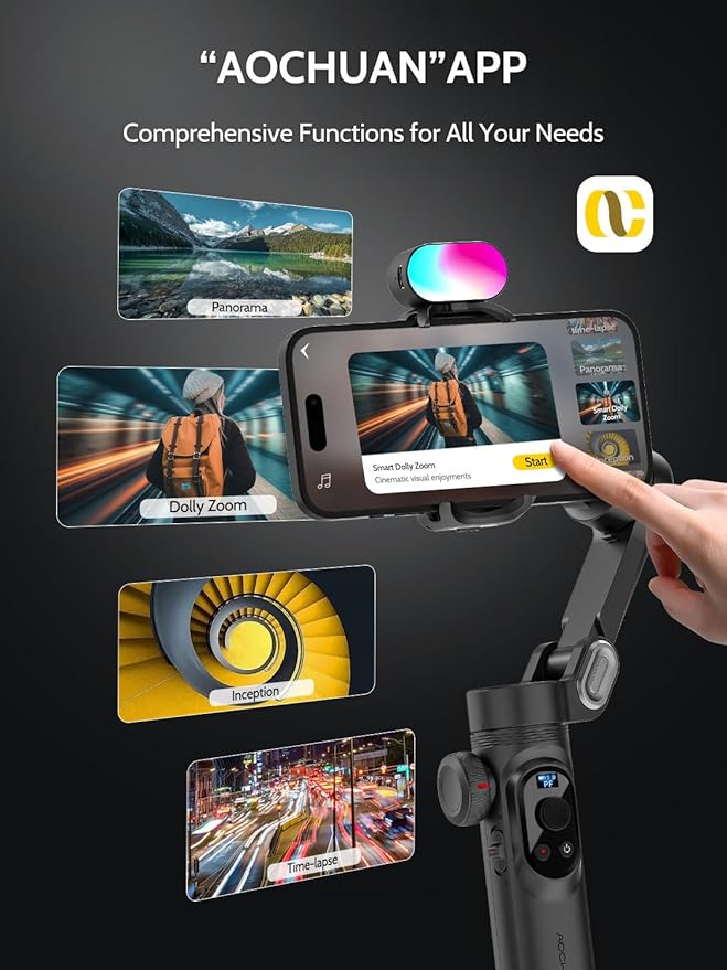 AOCHUAN 3-Axis Gimbal Stabilizer for Smartphone w/RGB Magnetic Fill Light Phone Gimbal for iPhone/Android Foldable iPhone Stabilizer w/Upgraded Face Tracking Vlog Recording-Smart X Pro Kit