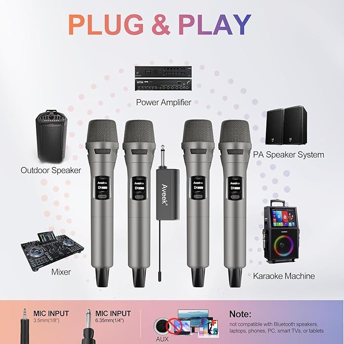 Aveek 4 Packs Wireless Microphone System, Plug & Play Karaoke Microphone Set for Singing, Parties, Church, Weddings, Events, Compatible with Speaker & Amplifier