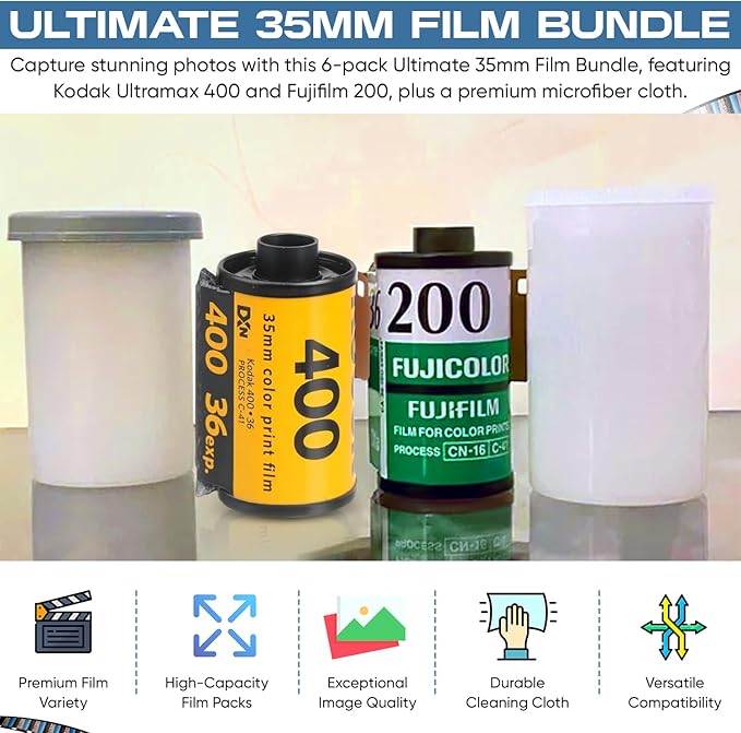 Kodak Ultramax 400 & Fujifilm 200 35mm Film Bundle - 3-Pack Each (6 Total) with Balveli Microfiber Cloth - 36 Exposures per Roll