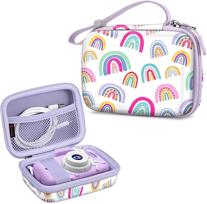 FINTIE Kids Camera Case Compatible with Goopow/Seckton/Dylanto/Mgaolo/Masterbee/CIMELR/Desuccus Kids Digital Camera Toys, Children Carrying Bag, Birthday Festival Gift, Dreamy Rainbow