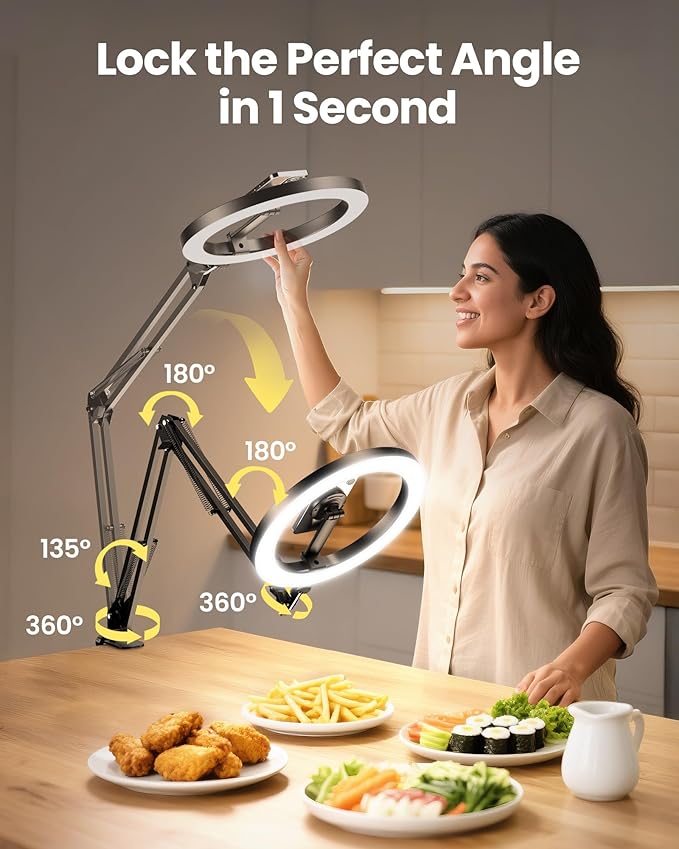 Magnetic Ring Light Overhead Camera Phone Mount for Desk, 10” Selfie Light for iPhone with MagSafe-Compatible Phone Holder for Video Recording, Zoom Meeting, Live Streaming