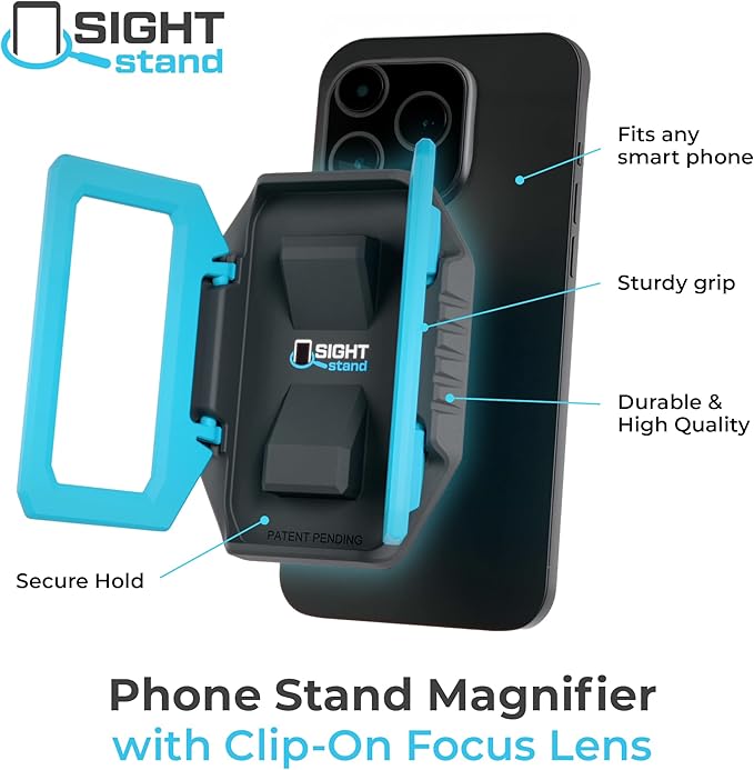 SightStand Phone Stand Magnifier with Clip-On Focus Lens – Universal Smartphone Holder for Reading Assistance – Sturdy Grip, Adjustable, Secure Hold, Durable, Works with Any Phone