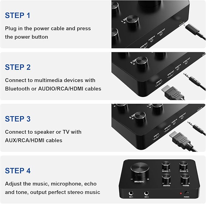 Rybozen Wireless Microphone Karaoke Mixer System, Dual Handheld Wireless Microphone for Karaoke, Smart TV, PC, Speaker, Amplifier, Church, Wedding - Support HDMI, AUX In/Out