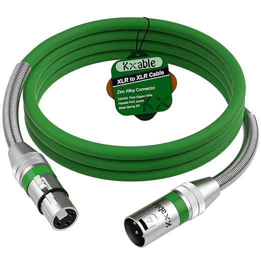 XLR Microphone Cable 3 FT, XLR Male to Female Balanced Mic Cable, 3-Pin Shielded Speaker Cord, Zinc Alloy Connectors, 22AWG Pure Copper, Metal Spring SR, Recording Studio, Podcast, Green
