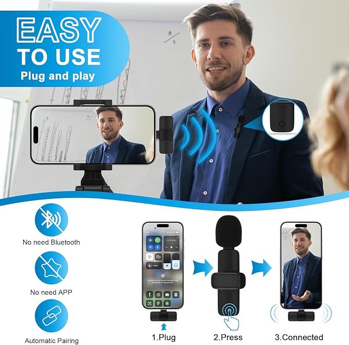 USB C Wireless Lavalier Microphone for iPhone 17 16 Pro Max 16e 15,Samsung Galaxy S25 A16 S24 Ultra,Noise Reduction Mini Lapel Mic Clip on,Lav Mic on Video Recording,Tiktok,Youtube,Vlog,Live Streaming