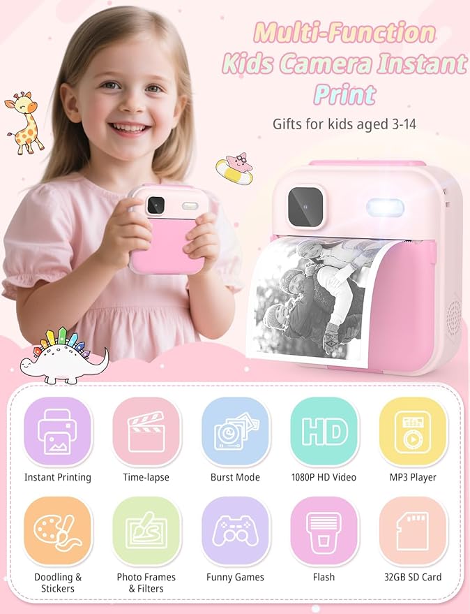 Kids Camera Instant Print, 1080P HD Digital Video Kids Instant Camera for Girl Boys, Toddler Toys for Children Age 3-12 with 3 Rolls Print Paper & 32G Card (Pink)
