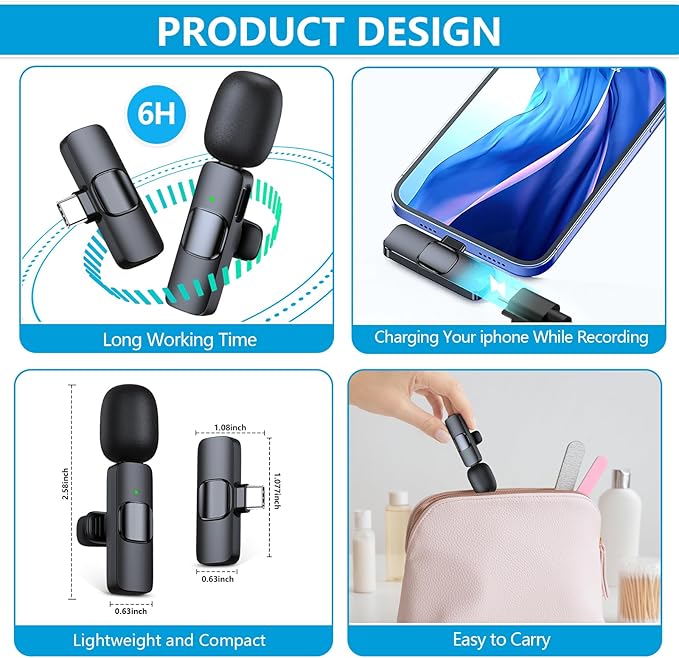 RICCHI 2 Pack Wireless Microphone USB C for iPhone 15-16 Android Phone, Professional Type C Lavalier Microphone Mini Lapel Mic for Interview Recording Podcast Live Streaming Vlog YouTube