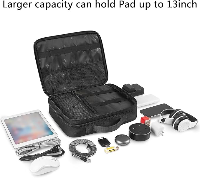MATEIN Cable Organizer Bag, Large Travel Storage Bag Sturdy Tool Case with Handle for Phone Cord Electronics Accessories, Carrying Case for Tablet (Up to 12.9inch), Powerbank, Hard Drive, Black