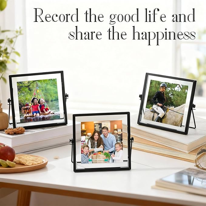 Amyhill Set of 6 Metal Picture Frames Vintage Minimal Ornate Floating Frames 4 x 4 Inches Photo Antique Easel Stand Vertical Glass Holder for Pictures Photos Desk Tabletop Display(Black)