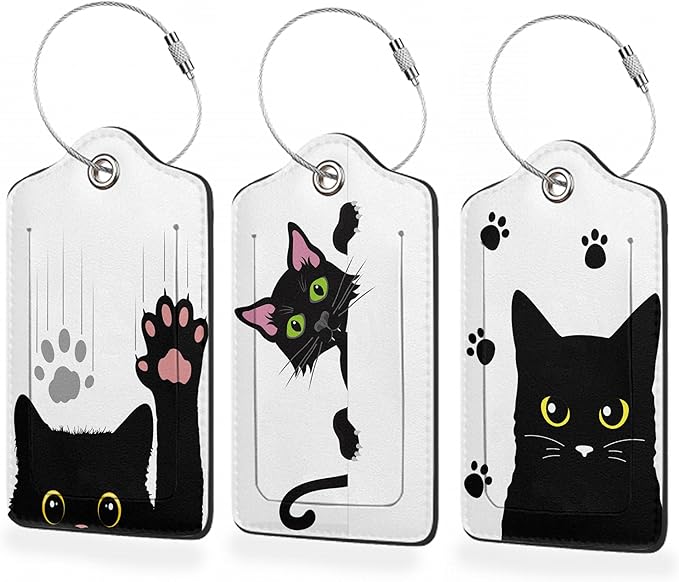 3 Pack Luggage Tags,Funny Black Cat Paw PU Leather Luggage Tags for Suitcase,Name ID Labels with Privacy Cover Suitcases and Metal Loop for Travel Bag Suitcase