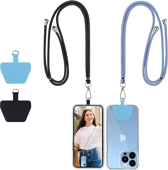 CACOE Phone Lanyard-2 PCS Adjustable Neck Strap,Universal Crossbody Multifuctional Cell Phone Lanyards Compatible with Most Smartphones(Black+Light Blue)