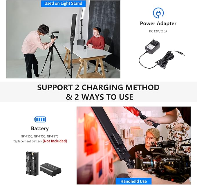 Neewer 3 Packs 2.4 GHz LED Light Stick Photography Lighting Kit with 3 Color Filters - Remote Dimmable 3200k-5600K 21W CRI 95 with Boom Arm Stand, Filters(Red/Yellow/Blue) and Bag, Battery Applicable