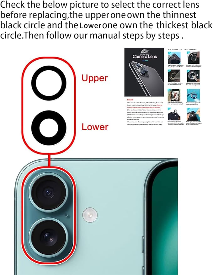 Rear Camera Lens Covers Replacement for iPhone 16 & 16Plus, GVKVGIH Back Camera Len Glass Replacement with Double-Sided Adhesive & Repair Tool Kit for 16/16plus
