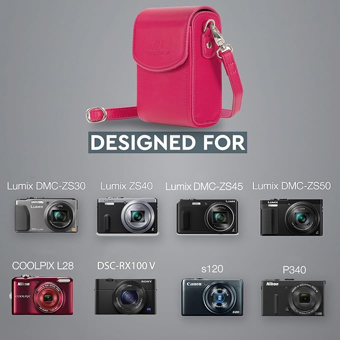 Megagear MG1239 Sony Cyber-shot DSC-RX100 V, DSC-RX100 IV, Panasonic Lumix DMC-ZS45, DMC-ZS50, Sony Cyber-shot DSC-RX100 III, Nikon Coolpix P340, Canon PowerShot S120, Nikon Coolpix L28, DMC-TZ57, DMC-TZ70 Leather Camera Case with Strap, Hot Pink