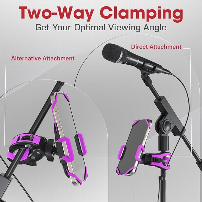 Crescendo CR-30 SlimClip Mic Stand Phone Holder, iPhone Clamp Mount, Pole Phone Mount, Microphone, Music or Drum Stand, Mic/Phone Clip - for iPhone, Samsung Galaxy, Pixel, Any Smartphone (Purple)