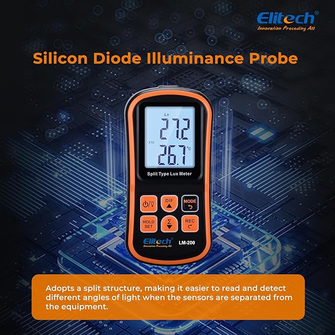 Elitech Digital Light Meter LM-200, Handheld Illuminance Meter with LCD Display, 200,000 Lux Range, Temperature Measurement