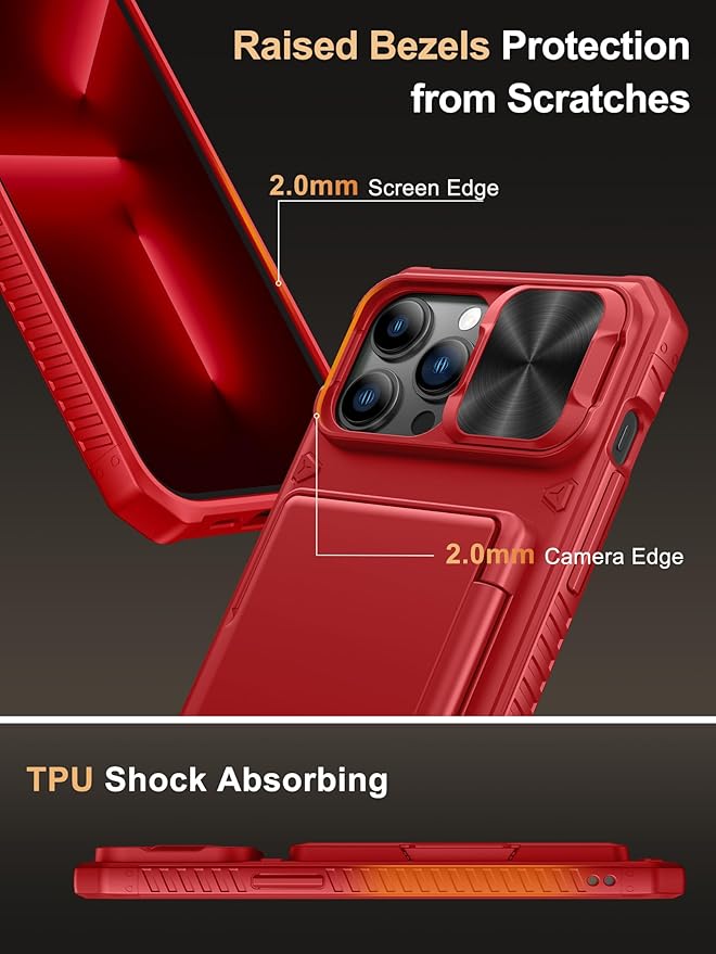 Vihibii for iPhone 13 Pro Max/iPhone 12 Pro Max Case with Card Holder (4 Cards), [RFID Blocking] & Slide Camera Cover & Raised Edges Protect Screen, Heavy Duty Shockproof Wallet Phone Cover, Red