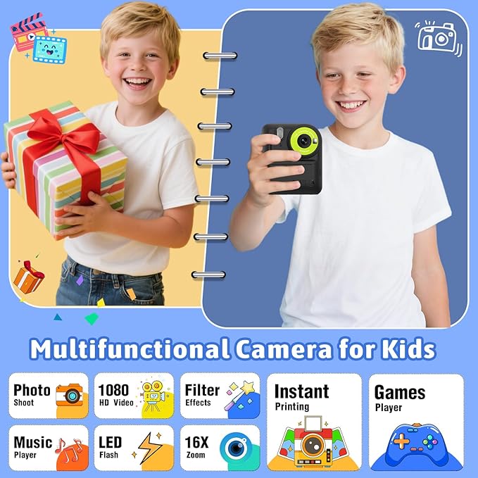 Okaloka Kids Instant Print Camera Toys,1080P HD Toddler Digital Video Camera,Birthday Christmas Gifts for Girls Boys age 3-12 Year old - 32G SD Card Included (Black)