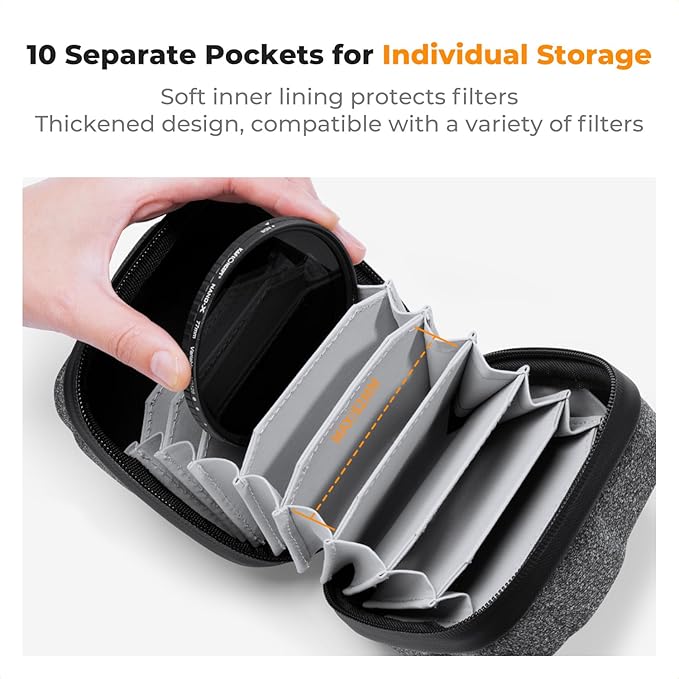 K&F CONCEPT 10 in 1 Lens Filter Case, Hard Shell Camera Filter Pouch Up to 82mm with Hand Strap, Waterproof Camera Lens Filter Storage Wallet for ND UV CPL Filter Pouch