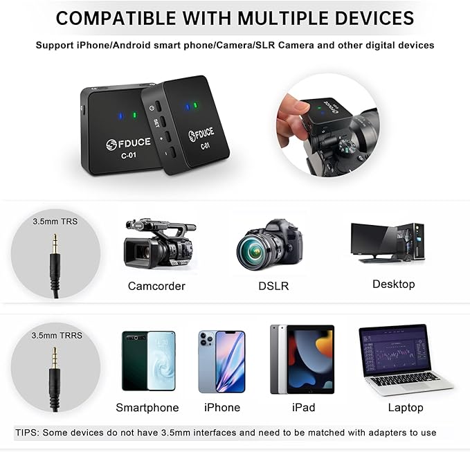 FDUCE UHF Wireless Lavalier Microphone System for Phone & Camera, Mini Portable Clip On Condenser Microphone, Lapel Microphone Wireless for YouTube, Podcast, Interview, Streaming, ASMR Recording