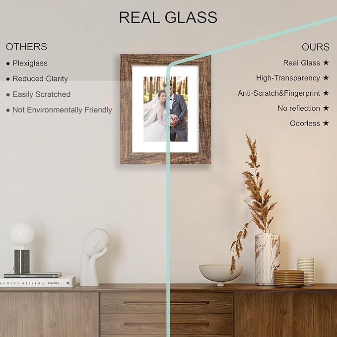 6x8 Picture Frame Set of 4, Made of Real Glass and Rustic Brown Frame - Display Picture 4x6 with Mat or 6x8 Without Mat, 6 by 8 Photo for Wall or Tabletop