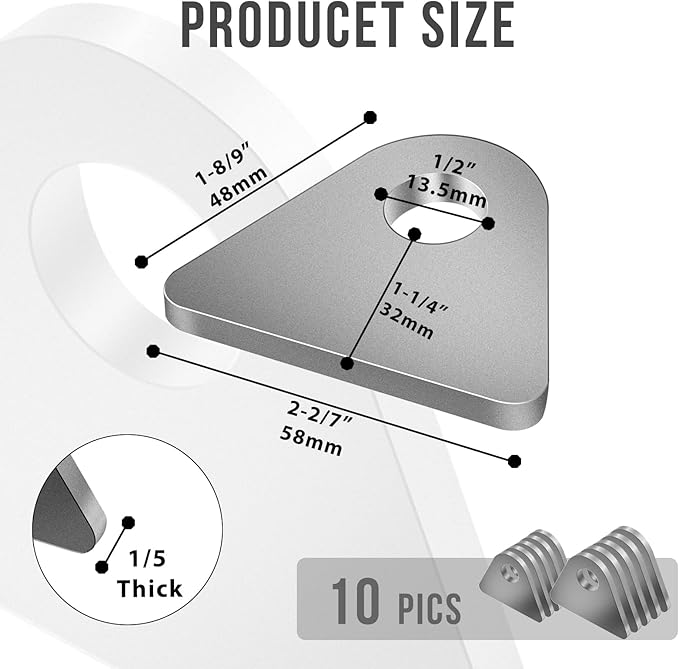 Weld on Tabs, Steel Shock Basic Weld Tab, Universal Weld on Tabs Flat Bottom Mount with a 1/2" Hole.1-8/9" Height, 2-2/7" Wide, 1/5" Thick Pack Of 10 Tabs Steel Mounting Bracket OywhC-6