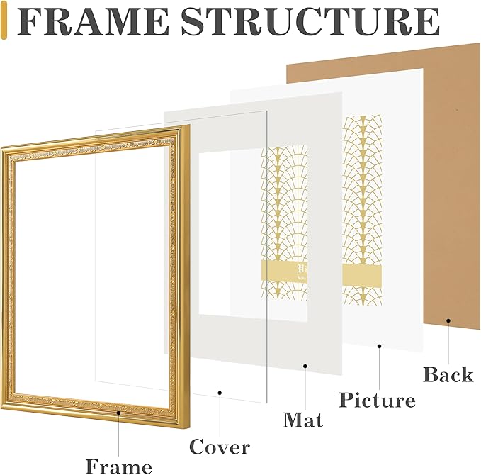 VIOLABBEY 11x14 Gold Picture Frame, Display 8x10 Photo with Mat or 11x14 without Mat, Ornate Vintage 11 x 14 Gold Frame for Wall Decor or Tabletop Display